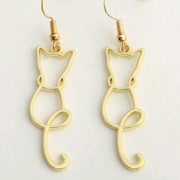 Other - Kitty Cat Silhouette Gold-tone Dangling Earrings